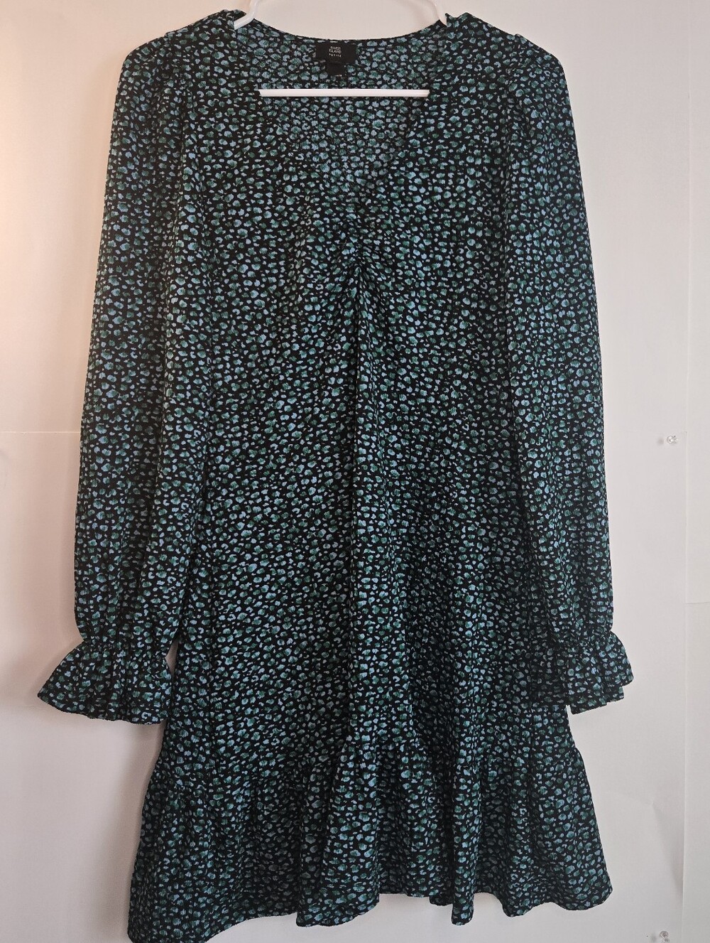 River Island Women's green black ditsy print long sleeve mini dress 14P